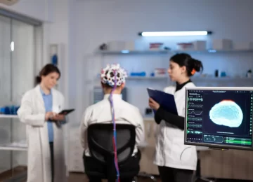 Man patient with eeg headset for brain scan standing in neurological laboratory during neurology experiment. Medical team of scientist monitoring brain activity analyzing nervous system