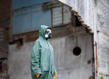 A man with a protective mask and protective clothing examines the danger zone. Ecological catastrophe. Dangerous toxic zone